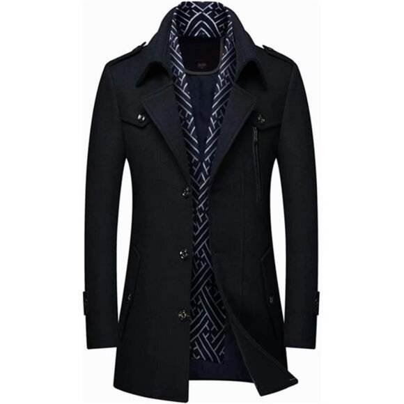 Men's Wool Blend Coat Warm Winter Trench Coat with Detachable Soft